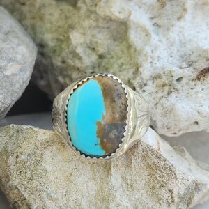 Kingman natural boulder US Turquoise Sterling Silver Mens Ring Navajo handmade